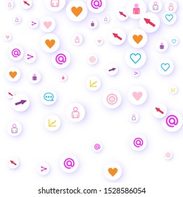 Social media marketing, Communication networking concept. Random icons social media services tags linked on white background. Comment, friend, like, share, target, message. Vector Internet concept.