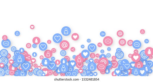 Social media marketing, Communication networking concept. Random icons social media services tags linked on white background. Comment, friend, like, share, target, message. Vector Internet concept.