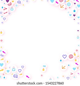 Social media marketing, Communication networking concept. Random icons social media services tags linked on white background. Comment, friend, like, share, target, message. Vector Internet concept.