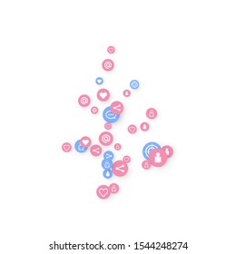 Social media marketing, Communication networking concept. Random icons social media services tags linked on white background. Comment, friend, like, share, target, message. Vector Internet concept.