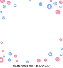 Social media marketing, Communication networking concept. Random icons social media services tags linked on white background. Comment, friend, like, share, target, message. Vector Internet concept.