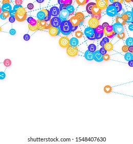 Social media marketing, Communication networking concept. Random icons social media services tags linked on white background. Comment, friend, like, share, target, message. Vector Internet concept.