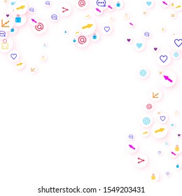 Social media marketing, Communication networking concept. Random icons social media services tags linked on white background. Comment, friend, like, share, target, message. Vector Internet concept.