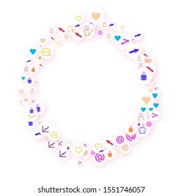 Social media marketing, Communication networking concept. Random icons social media services tags linked on white background. Comment, friend, like, share, target, message. Vector Internet concept.
