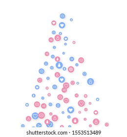 Social media marketing, Communication networking concept. Random icons social media services tags linked on white background. Comment, friend, like, share, target, message. Vector Internet concept.