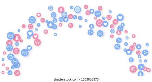 Social media marketing, Communication networking concept. Random icons social media services tags linked on white background. Comment, friend, like, share, target, message. Vector Internet concept.