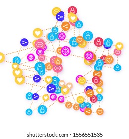 Social media marketing, Communication networking concept. Random icons social media services tags linked on white background. Comment, friend, like, share, target, message. Vector Internet concept.