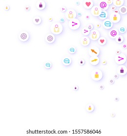 Social media marketing, Communication networking concept. Random icons social media services tags linked on white background. Comment, friend, like, share, target, message. Vector Internet concept.