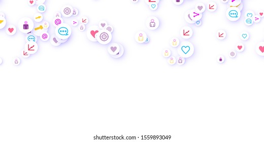 Social media marketing, Communication networking concept. Random icons social media services tags linked on white background. Comment, friend, like, share, target, message. Vector Internet concept.