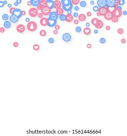 Social media marketing, Communication networking concept. Random icons social media services tags linked on white background. Comment, friend, like, share, target, message. Vector Internet concept.