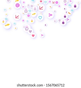 Social media marketing, Communication networking concept. Random icons social media services tags linked on white background. Comment, friend, like, share, target, message. Vector Internet concept.