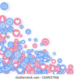 Social media marketing, Communication networking concept. Random icons social media services tags linked on white background. Comment, friend, like, share, target, message. Vector Internet concept.