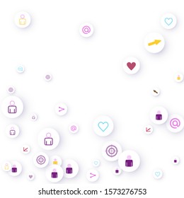 Social media marketing, Communication networking concept. Random icons social media services tags linked on white background. Comment, friend, like, share, target, message. Vector Internet concept.