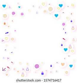 Social media marketing, Communication networking concept. Random icons social media services tags linked on white background. Comment, friend, like, share, target, message. Vector Internet concept.