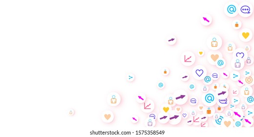 Social media marketing, Communication networking concept. Random icons social media services tags linked on white background. Comment, friend, like, share, target, message. Vector Internet concept.