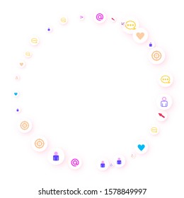 Social media marketing, Communication networking concept. Random icons social media services tags linked on white background. Comment, friend, like, share, target, message. Vector Internet concept.