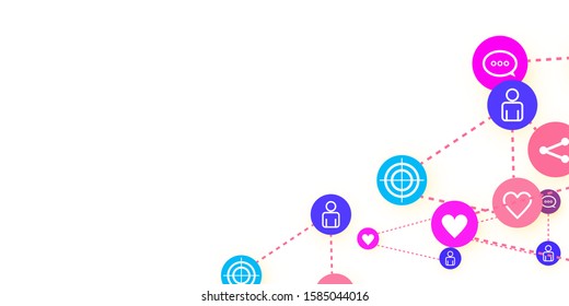 Social media marketing, Communication networking concept. Random icons social media services tags linked on white background. Comment, friend, like, share, target, message. Vector Internet concept.