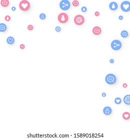Social media marketing, Communication networking concept. Random icons social media services tags linked on white background. Comment, friend, like, share, target, message. Vector Internet concept.
