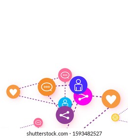 Social media marketing, Communication networking concept. Random icons social media services tags linked on white background. Comment, friend, like, share, target, message. Vector Internet concept.