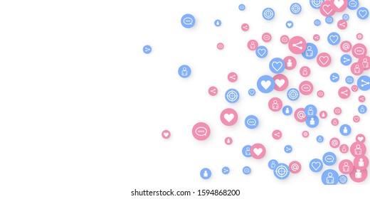 Social media marketing, Communication networking concept. Random icons social media services tags linked on white background. Comment, friend, like, share, target, message. Vector Internet concept.