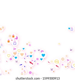 Social media marketing, Communication networking concept. Random icons social media services tags linked on white background. Comment, friend, like, share, target, message. Vector Internet concept.