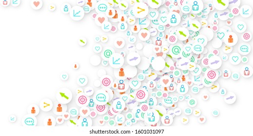 Social media marketing, Communication networking concept. Random icons social media services tags linked on white background. Comment, friend, like, share, target, message. Vector Internet concept.