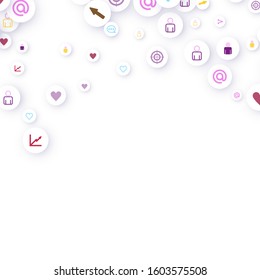 Social media marketing, Communication networking concept. Random icons social media services tags linked on white background. Comment, friend, like, share, target, message. Vector Internet concept.