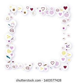 Social media marketing, Communication networking concept. Random icons social media services tags linked on white background. Comment, friend, like, share, target, message. Vector Internet concept.