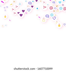 Social media marketing, Communication networking concept. Random icons social media services tags linked on white background. Comment, friend, like, share, target, message. Vector Internet concept.
