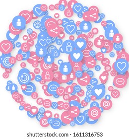 Social media marketing, Communication networking concept. Random icons social media services tags linked on white background. Comment, friend, like, share, target, message. Vector Internet concept.