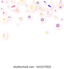 Social media marketing, Communication networking concept. Random icons social media services tags linked on white background. Comment, friend, like, share, target, message. Vector Internet concept.