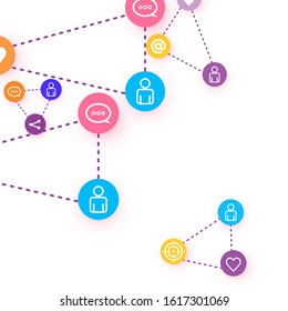 Social media marketing, Communication networking concept. Random icons social media services tags linked on white background. Comment, friend, like, share, target, message. Vector Internet concept.