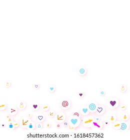 Social media marketing, Communication networking concept. Random icons social media services tags linked on white background. Comment, friend, like, share, target, message. Vector Internet concept.