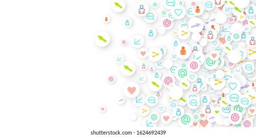 Social media marketing, Communication networking concept. Random icons social media services tags linked on white background. Comment, friend, like, share, target, message. Vector Internet concept.