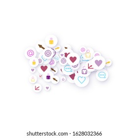 Social media marketing, Communication networking concept. Random icons social media services tags linked on white background. Comment, friend, like, share, target, message. Vector Internet concept.