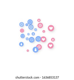 Social media marketing, Communication networking concept. Random icons social media services tags linked on white background. Comment, friend, like, share, target, message. Vector Internet concept.
