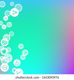 Social media marketing, Communication networking concept. Random icons social media services tags on color background. Comment, friend, like, share, target, message. Vector Internet concept.