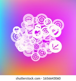 Social media marketing, Communication networking concept. Random icons social media services tags on color background. Comment, friend, like, share, target, message. Vector Internet concept.