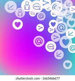 Social media marketing, Communication networking concept. Random icons social media services tags on color background. Comment, friend, like, share, target, message. Vector Internet concept.