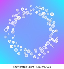 Social media marketing, Communication networking concept. Random icons social media services tags on color background. Comment, friend, like, share, target, message. Vector Internet concept.