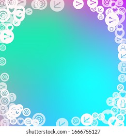 Social media marketing, Communication networking concept. Random icons social media services tags on color background. Comment, friend, like, share, target, message. Vector Internet concept.