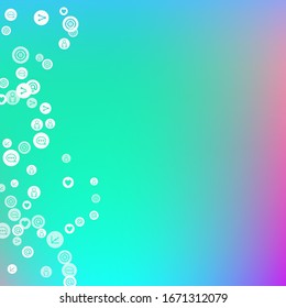 Social media marketing, Communication networking concept. Random icons social media services tags on color background. Comment, friend, like, share, target, message. Vector Internet concept.