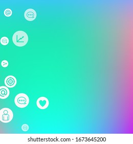 Social media marketing, Communication networking concept. Random icons social media services tags on color background. Comment, friend, like, share, target, message. Vector Internet concept.