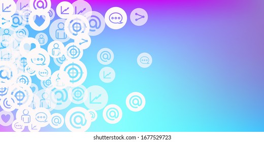 Social media marketing, Communication networking concept. Random icons social media services tags on color background. Comment, friend, like, share, target, message. Vector Internet concept.