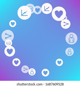Social media marketing, Communication networking concept. Random icons social media services tags on color background. Comment, friend, like, share, target, message. Vector Internet concept.