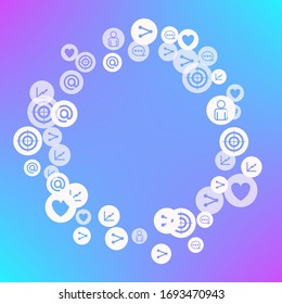 Social media marketing, Communication networking concept. Random icons social media services tags on color background. Comment, friend, like, share, target, message. Vector Internet concept.
