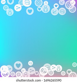 Social media marketing, Communication networking concept. Random icons social media services tags on color background. Comment, friend, like, share, target, message. Vector Internet concept.