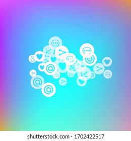 Social media marketing, Communication networking concept. Random icons social media services tags on color background. Comment, friend, like, share, target, message. Vector Internet concept.