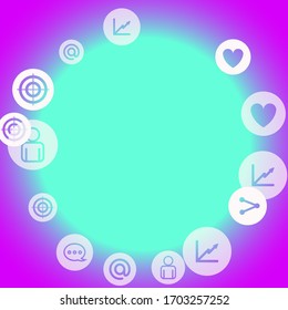 Social media marketing, Communication networking concept. Random icons social media services tags on color background. Comment, friend, like, share, target, message. Vector Internet concept.
