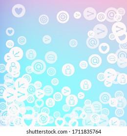 Social media marketing, Communication networking concept. Random icons social media services tags on color background. Comment, friend, like, share, target, message. Vector Internet concept.